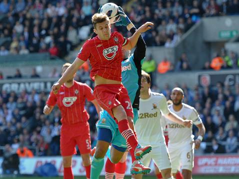 Adam Lallana challenges Swansea keeper Michel Vorm at the Liberty Stadium. Apparently this was a foul.