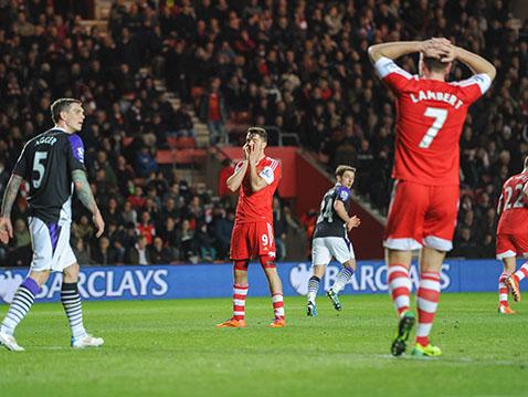 Jay Rodriguez and Rickie Lambert can't believe that another chance has gone begging against Liverpool